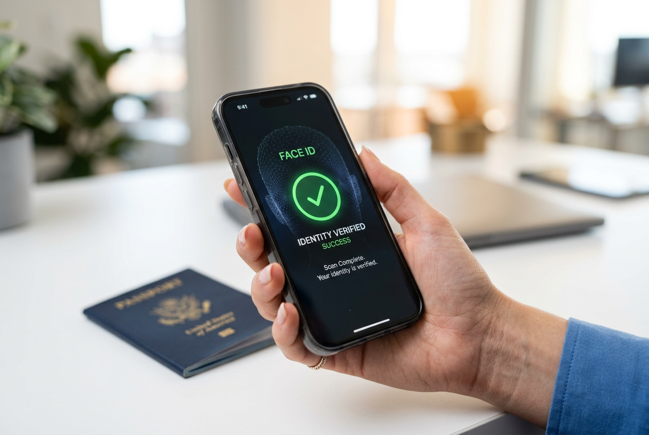 Nowoczesny smartfon wyświetlający proces weryfikacji tożsamości KYC.