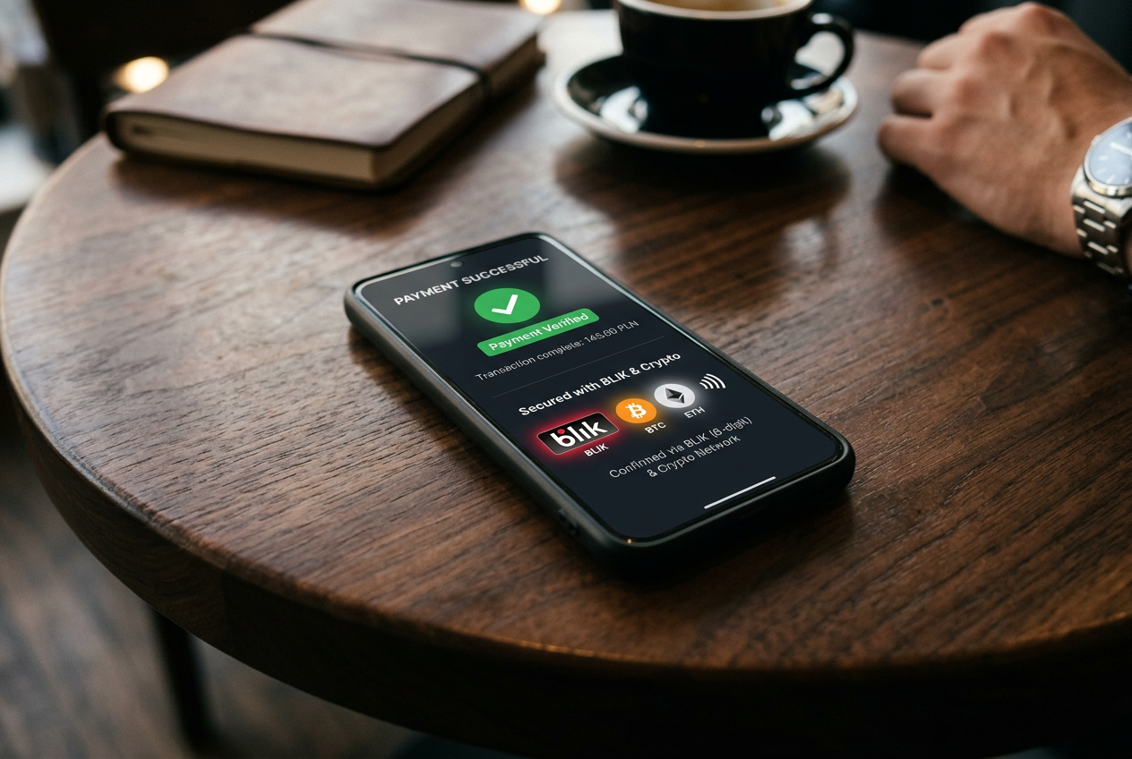 Smartfon wyświetlający bezpieczne metody płatności, takie jak portfele cyfrowe i kryptowaluty.