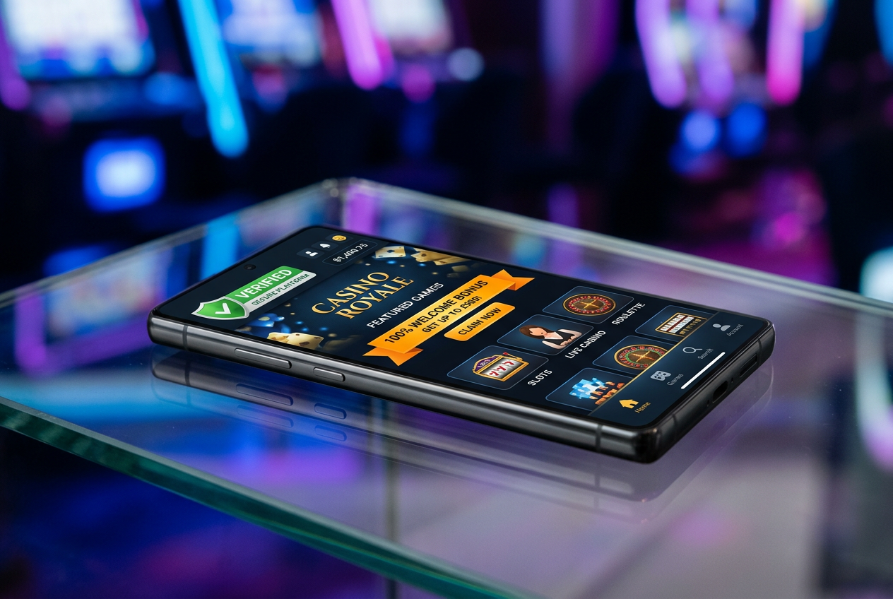 A modern smartphone displaying a casino interface with security symbols.