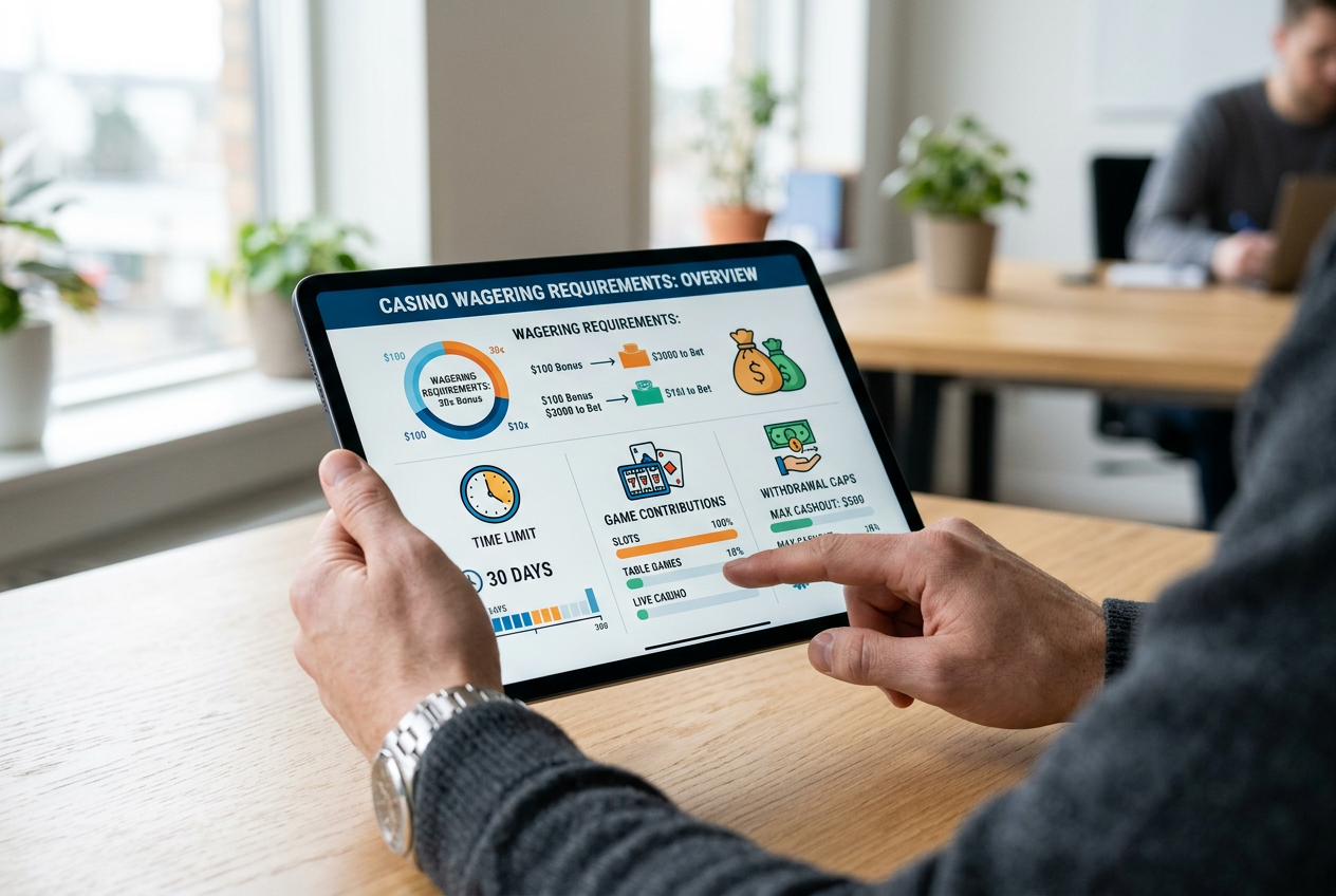 A person analyzing casino bonus terms on a digital tablet.
